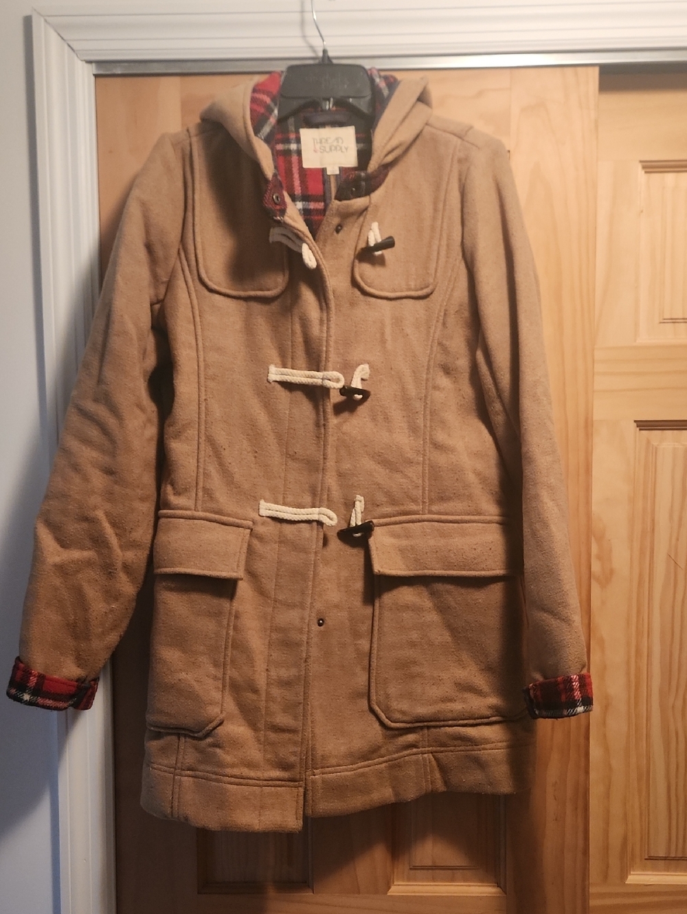 Thread & Supply Camel Hooded Toggle Pea Coat with Plaid Trim